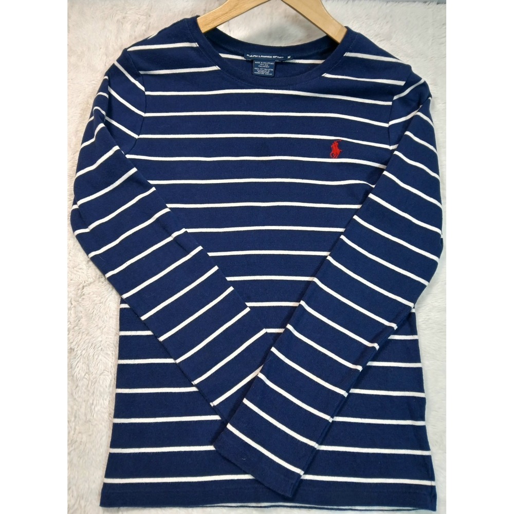 Ralph Lauren Sport Women's Preppy Cotton Blue White Striped Red Pony Shirt M